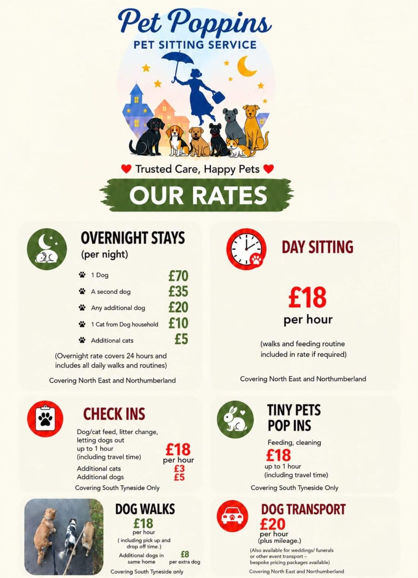 Pet Poppins Hebburn Price List